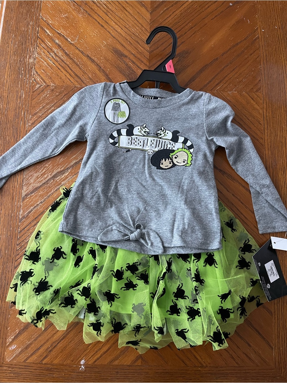 Beetlejuice Girls Halloween Spider Tutu Set - Grey Top & Lime Green Skirt